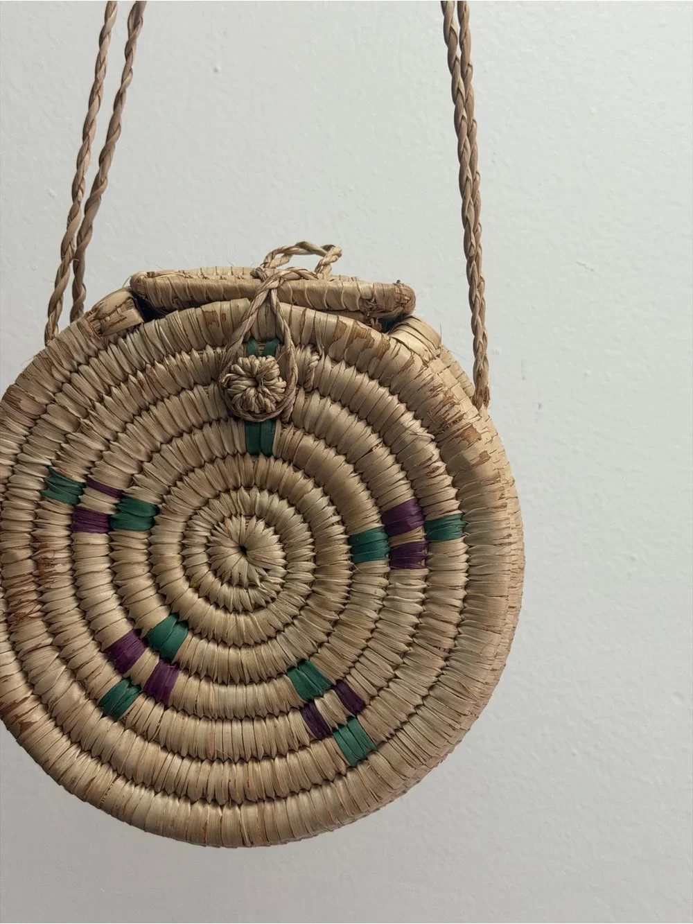 Handwoven Round Straw Crossbody Bag in Natural with Green & Purple Accents - Picture 3 of 3